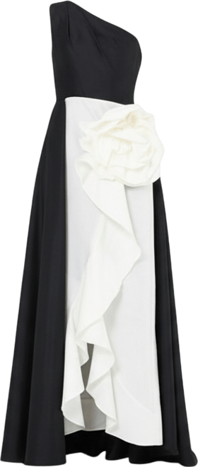 Women's One Shoulder Dress With Cascading Ruffle Flower Detail