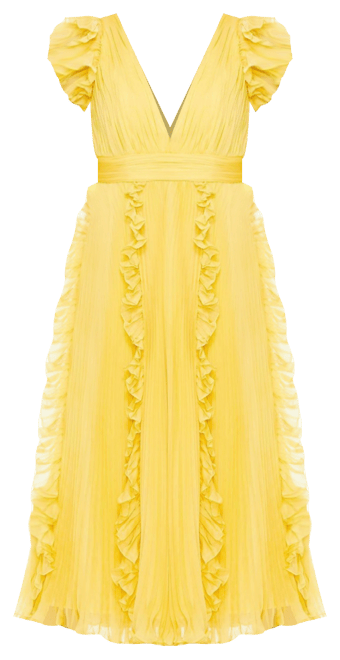 Women's Pleated Chiffon V Neck Ruffle Midi Dress