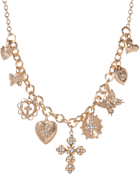 Gold-Tone Textured Cross & Heart Charm Necklace