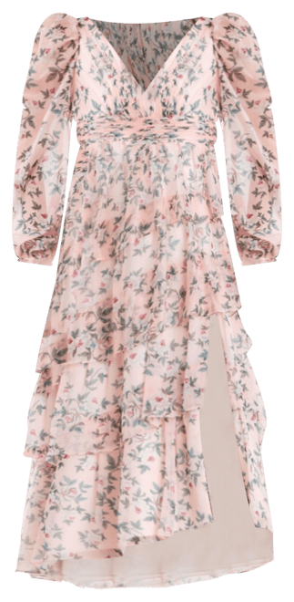 Women's Elegant Puff Sleeve Floral Midi Dress with A-Line Silhouette and Side Pockets