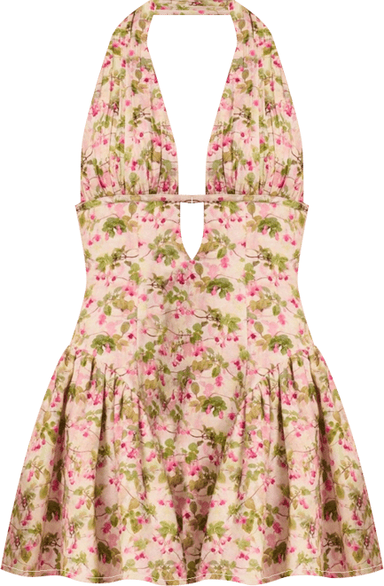 Women's Mackenzie Green and Pink Floral Print Halter Linen Mini Dress