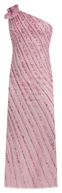 Women's One Shoulder Beaded Mesh Gown With Flower