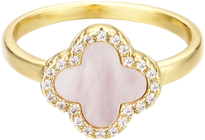 Gold Mother of Pearl Cubic Zirconia Halo Clover Ring