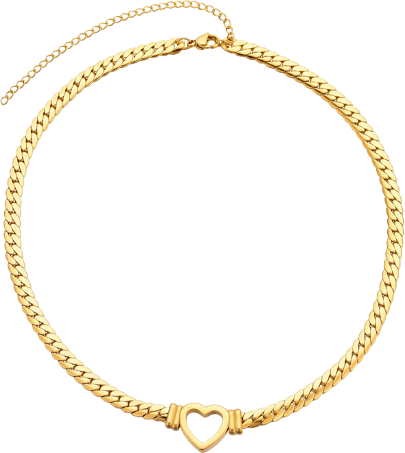 Tarnish Resistant Gold Flat Curb Chain Heart Necklace