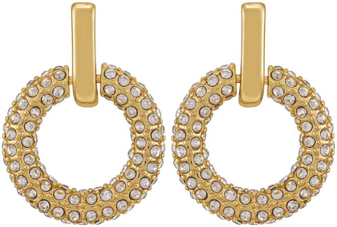 Gold Tone Pave Crystal Hoop Drop Earrings