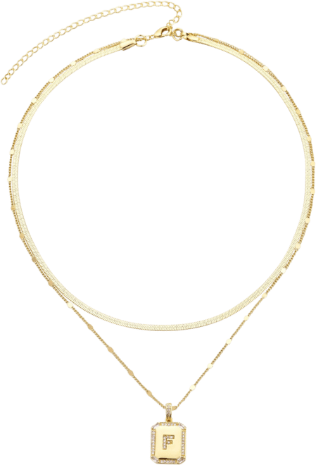 Gold Pave Tag Pendant and Herringbone Chain Initial Necklace Set