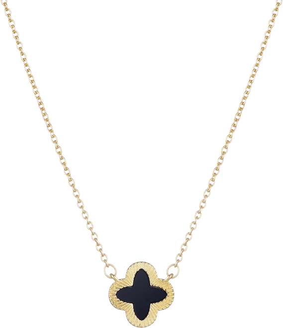 Gold Fluted Edge Black Clover Pendant Necklace