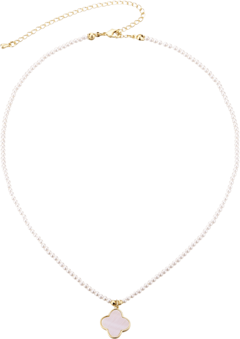 Gold Mother of Pearl Strand Clover Pendant Necklace