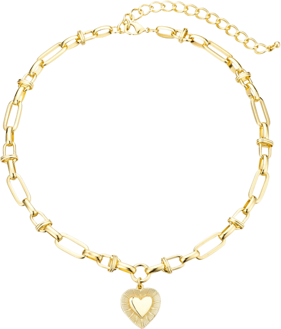 Gold Chunky Mixed Link Chain Fluted Heart Necklace