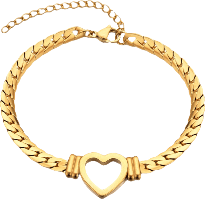 Tarnish Resistant Gold Flat Curb Chain Heart Bracelet
