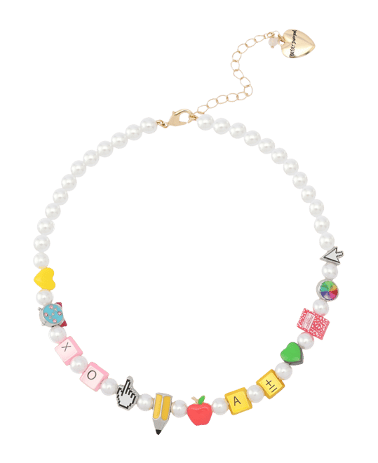 Faux Stone Straight Back to School Motif Cultivated Pearl Collar Necklace