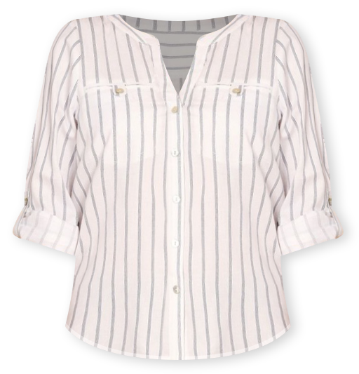 Organic Cotton Blend Collarless Shirt With Welt Pockets In Navy/Ivory Stripe