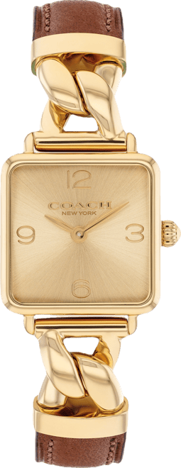 Women's Cass Gold Tone Stainless Steel and Saddle Leather Calfskin Strap Watch, 22mm