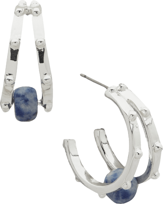 Silver-Tone Blue Beaded Two Row Hoop Earrings