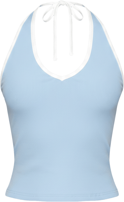 Women's Contrast Ribbed V Neck Halter Top