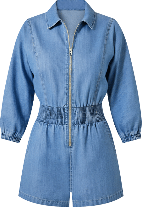 Women's Zip Front Smocked Waist 3/4 Sleeve Romper