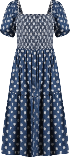 Women's Smocked Puff-Sleeve Tiered Midi Dress with Pockets