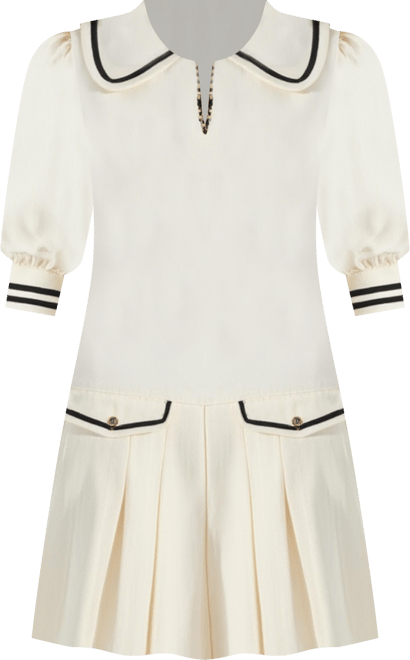 Women's Pleated Contrast Collar Bow Tie Mini Dress