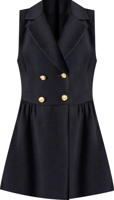 Women's Sleeveless Double-Breasted Boucle Tweed Flared Hem Dress