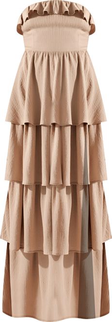 Women's Strapless Tiered Ruffle High Slit Maxi Dress