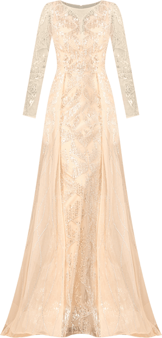 Women's Long Sleeve Gown with Overskirt & High Neck