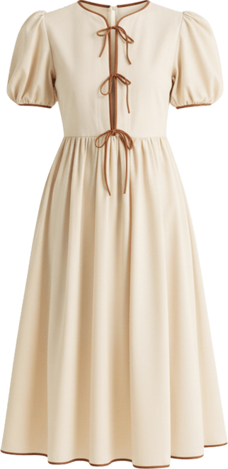 Women's Puff Sleeve Contrast Tie Midi Dress