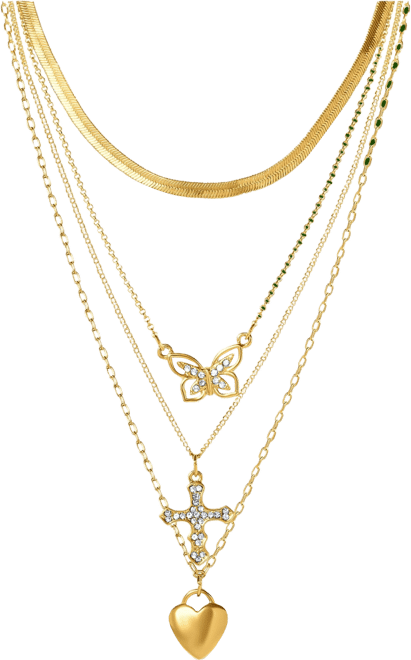 Layered Butterfly, Cross & Heart Pendant Necklace Set