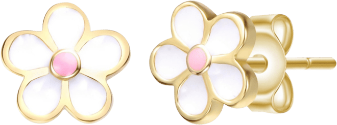 Sterling Silver 14K Gold Plated with White and Pink Enamel Flower Screw Back Earrings