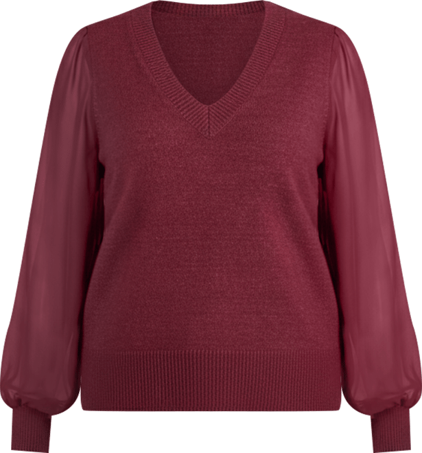 Women's Plus Size Sheer Sleeve V-Neck Sweater