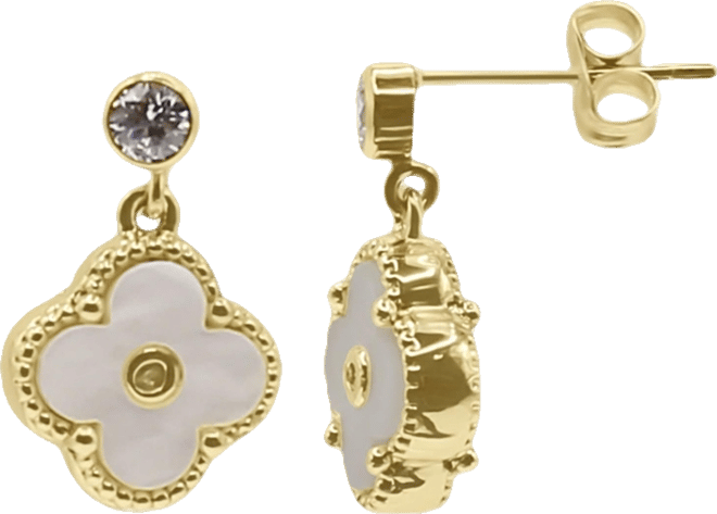 Non-Tarnishing 10mm Gold Filled Mother Of Pearl Clover with Cubic Zirconia Stud Earrings