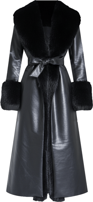 Women Zaida Black Faux Fur Trim Black Faux Leather Coat