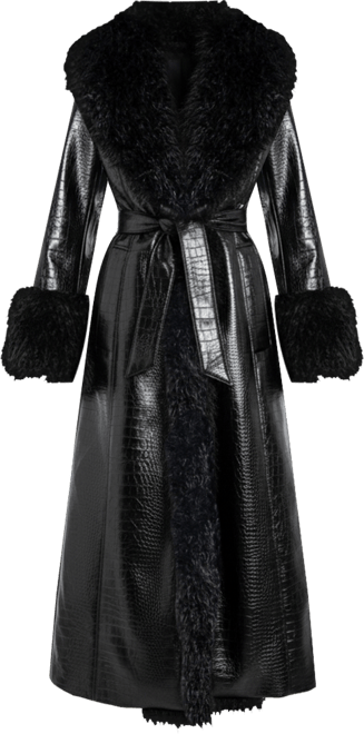 Women's Zella Black Fur Trim Faux Croc Leather Coat