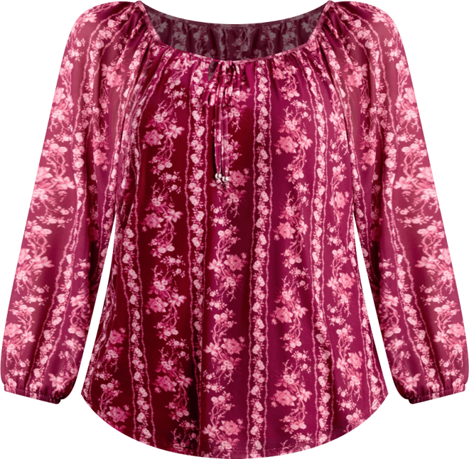 Juniors' 3/4-Sleeve Printed Mesh Peasant Top