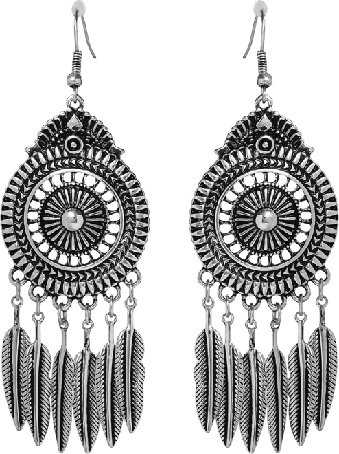 Boho Feather Statement Drop Earrings in Antique Silver
