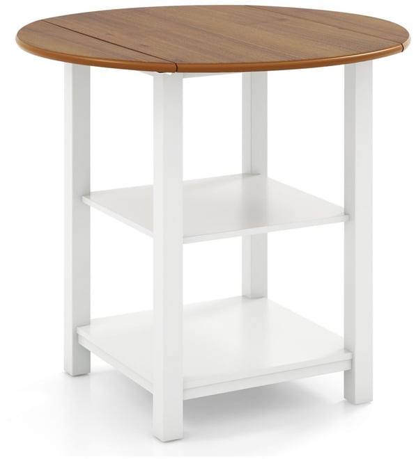 Folding Round Dining Table Drop Leaf Table with 2 Shelves for Small Spaces-White