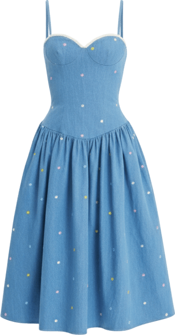 Women's Zadie Cotton Denim Drop Waist Embroidery Flower Midi Dress