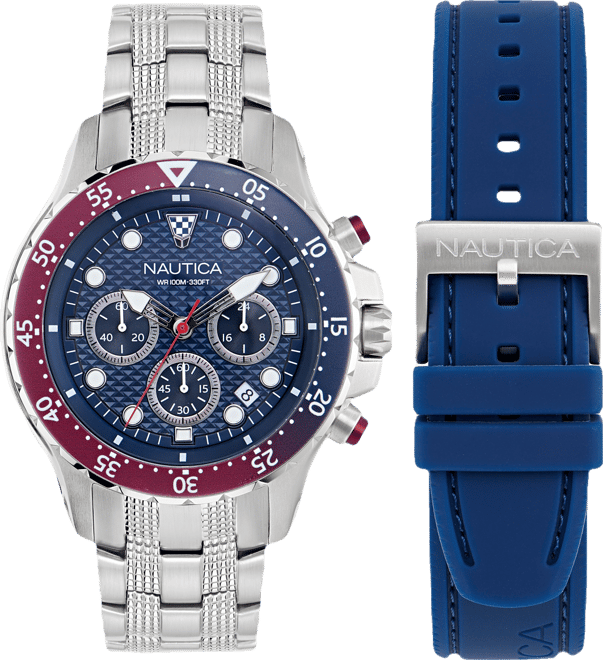 Men's Chronograph Silver-Tone Stainless Steel Watch Set, 44mm