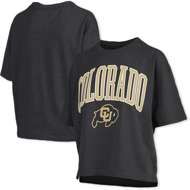 Women's Black Colorado Buffaloes Nelson Arch Over Logo Waist Length Oversized Slub T-Shirt