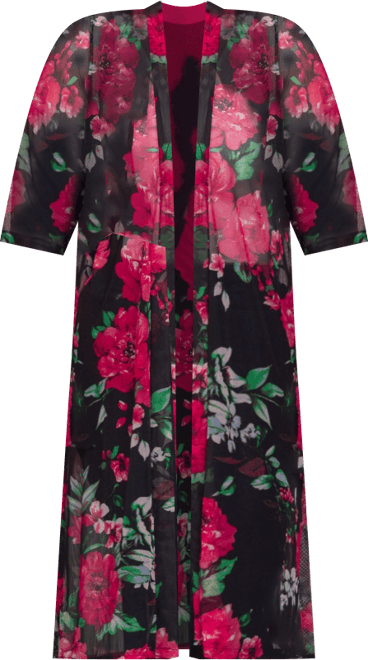 Plus Size Sheer Floral Knee Length Duster Cardigan Sweater