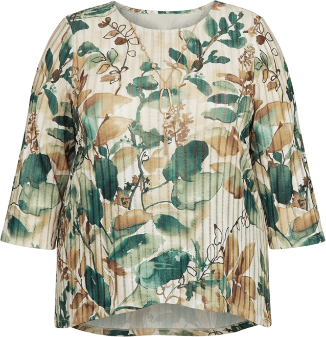 Plus Size Mount Laurel Abstract Leaf Sharkbite Hem Pull On Top with Necklace