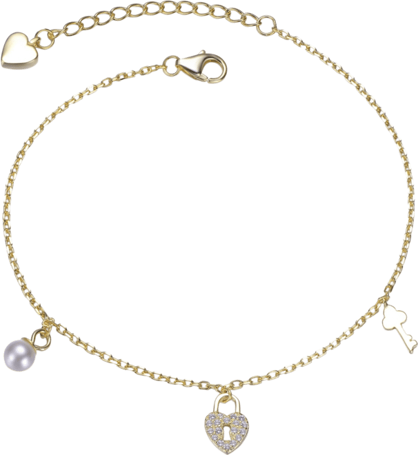 14K Gold Plated with Clear Cubic Zirconia & Mother of Pearl Multiple Charm Bracelet
