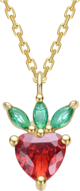 14K Gold Plated with Red & Green Cubic Zirconia Heart & Leaf Pendant Necklace