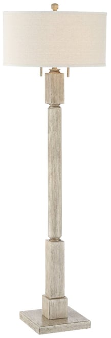 Baluster Traditional Country Cottage Natural Standing Floor Lamp 63.5" Tall Rustic Whitewashed Pickled Wood Oatmeal Linen Fabric Drum Shade Decor