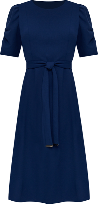 Women's Ruched-Sleeve Belted Fit and Flare Midi Dress