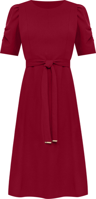Women's Ruched-Sleeve Belted Fit and Flare Midi Dress