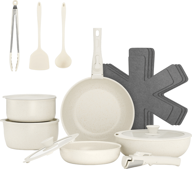 18-Piece Non-Stick Cookware Set with Silicone Tools, Detachable Handles, Space-Saving Design for All Stovetops