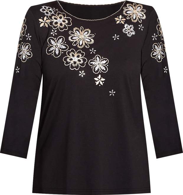 Women's Gold Floral Embroidered Three Quarter Sleeve Top