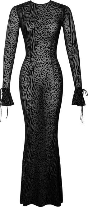 Women Waylynn Black Animal Print Burnout Velvet Detail Mesh Backless Maxi Dress