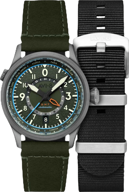 Men's Flyboy Wingman Worldtimer Gmt Automatic Green Leather Strap Watch, 41mm