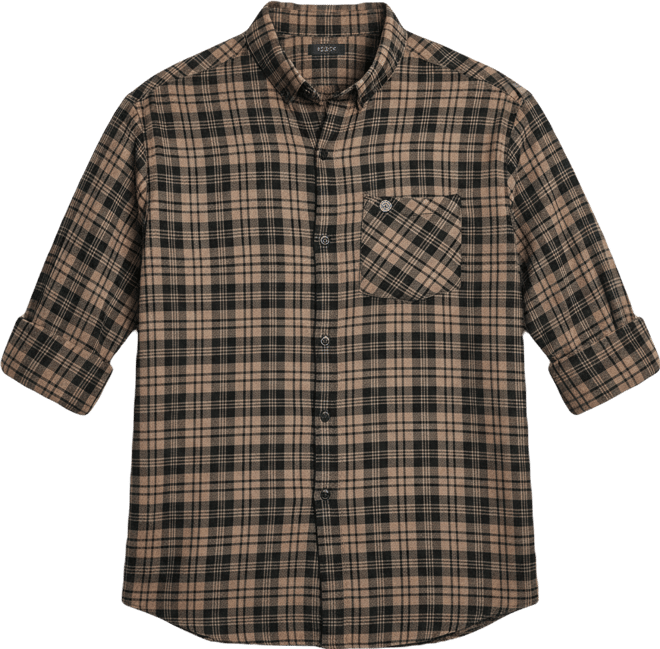Men's Tan Brown & Charcoal Black Tartan Plaid Shirt